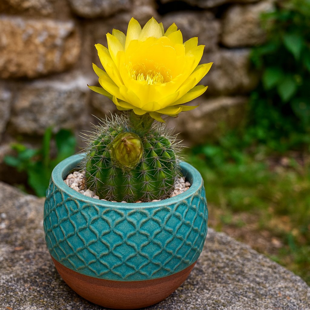 Echinopsis Buttercup in einem blauen Topf