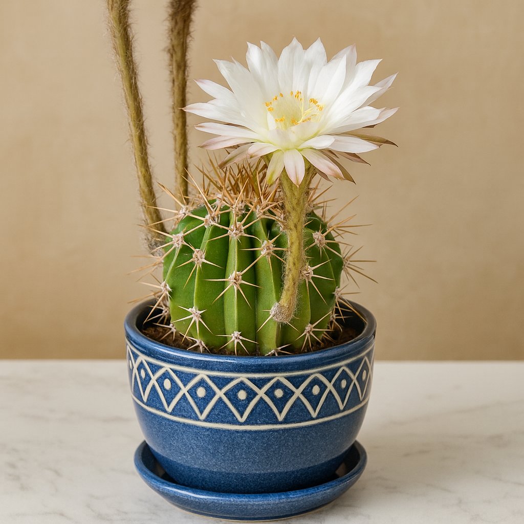 Echinopsis chacoana mit weißer Blüte in einem Blauen Topf